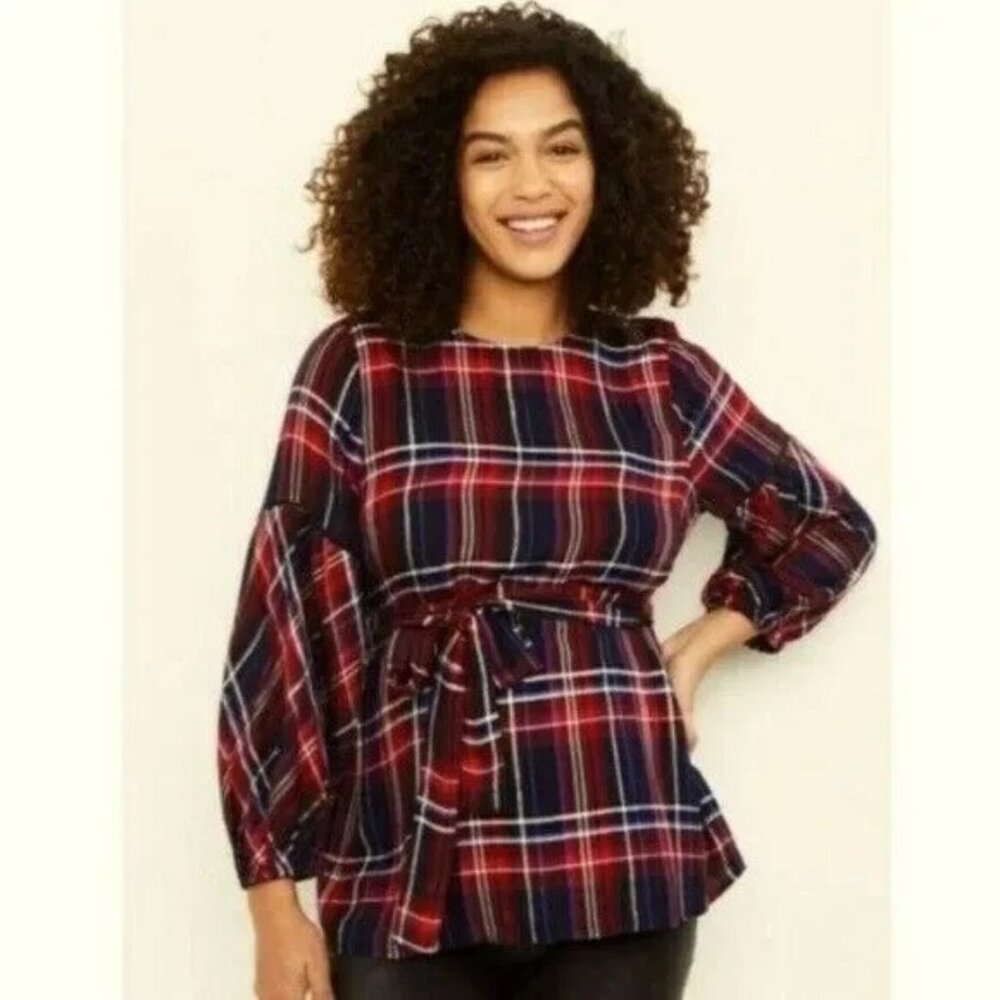 Motherhood Maternity Plaid Tie Back Long Sleeve Shirt Size S Lace Inset Blue Red